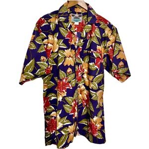 Mens Hawaiian Shirt  SS  Cotton Floral  Sz M  Double Impact Vibrant Indie Resort